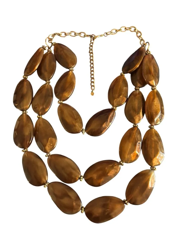 Vintage Gold Tone Multi Strand Statement Necklace Copper Color Swirl Opaque 20" Brown