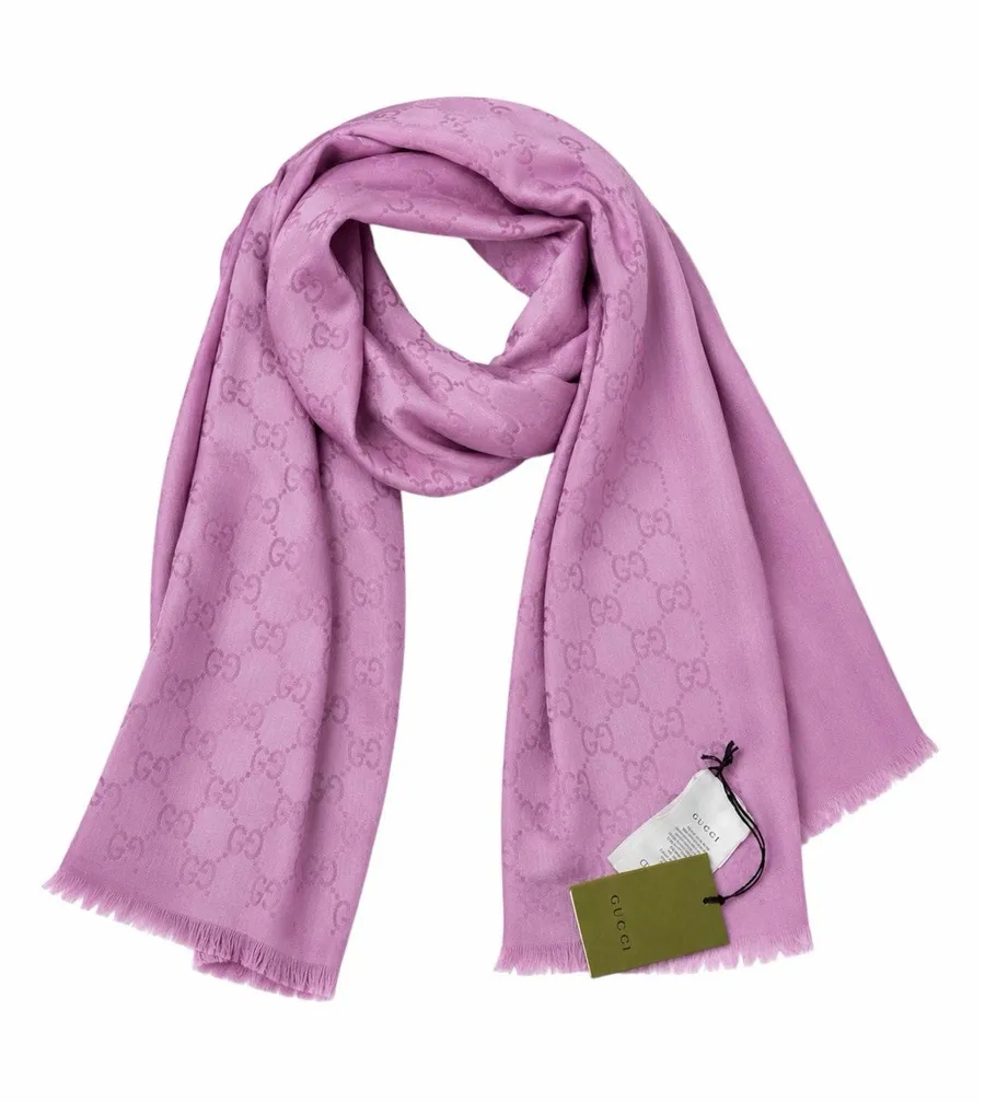 Gucci Wool Silk GG Monogram Light Jacquard Scarf Light Pink 18"x70"