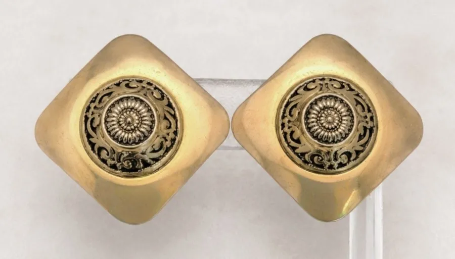 Vintage Clip On Earrings Extra Large Statement Gold Tone Ornate Center 1980s