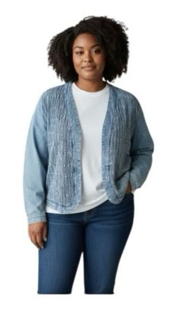 Vintage Saint German Paris Women Blue Denim Jacket Size L Casual Open Front Size L