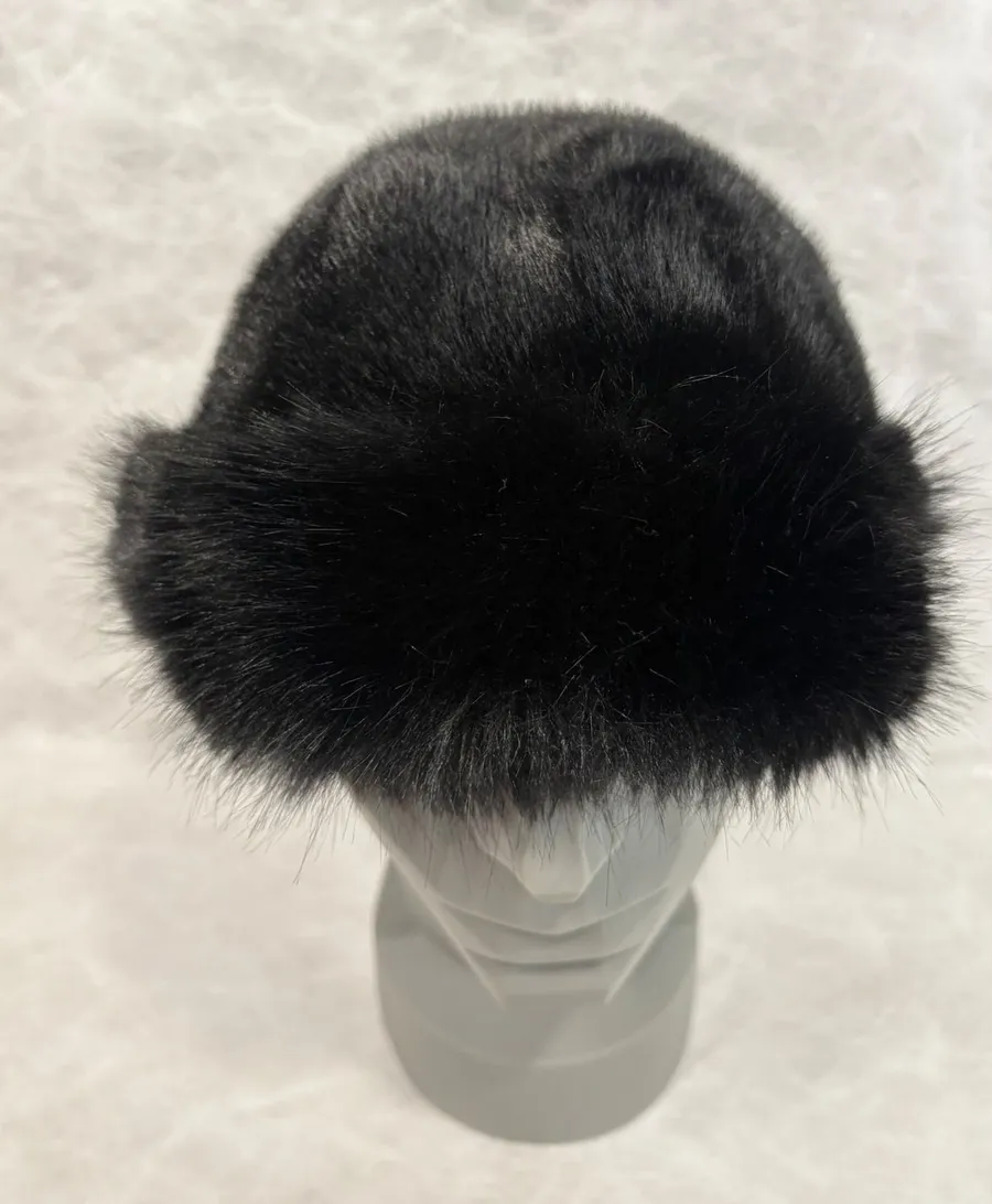 Vintage Style Black Faux Fur Pillbox Hat Winter Glamour Russian Style Cossack