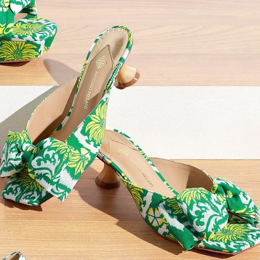 Antonio Melani Alora Royal Palm Print Bow Detail Slide Sandal Kitten Heels