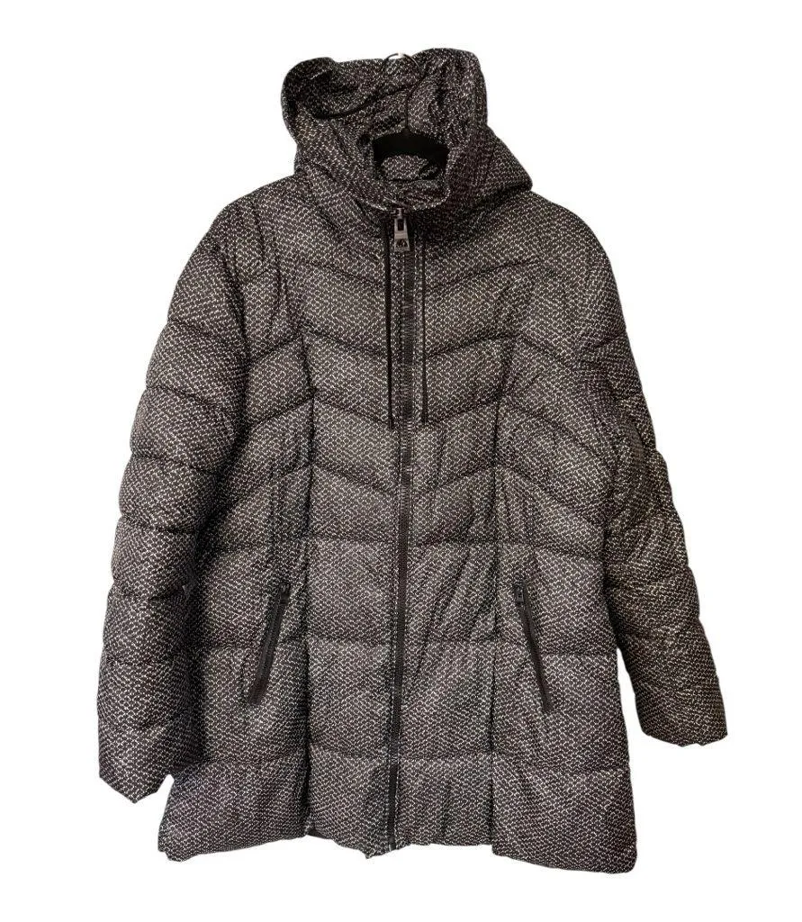 Guess LA Women’s Puffer Coat Jacket Hooded Black White Tweed Print Size XXL