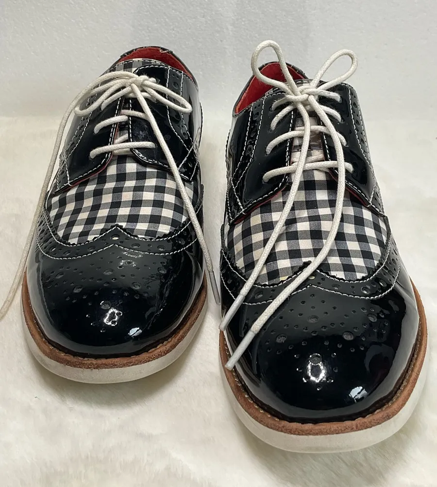 Johnston & Murphy Women’s Black Patent Leather Gingham Wingtip Oxford Shoes Size 7M