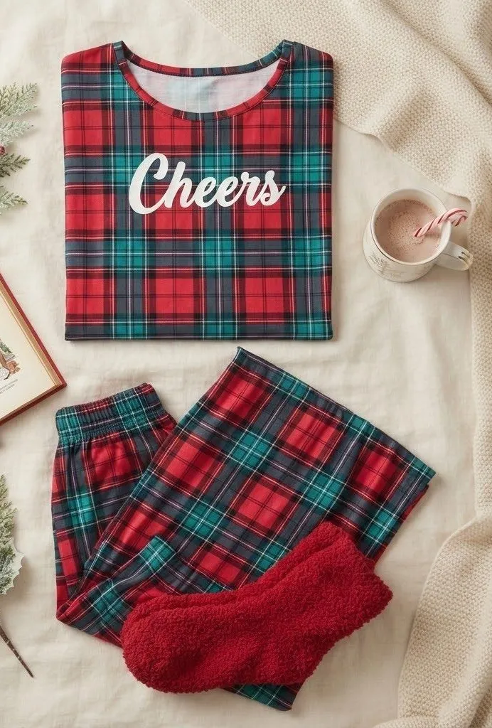 Joyspun Womens Holiday Plaid Pajama Set Cheers Red Green L 12