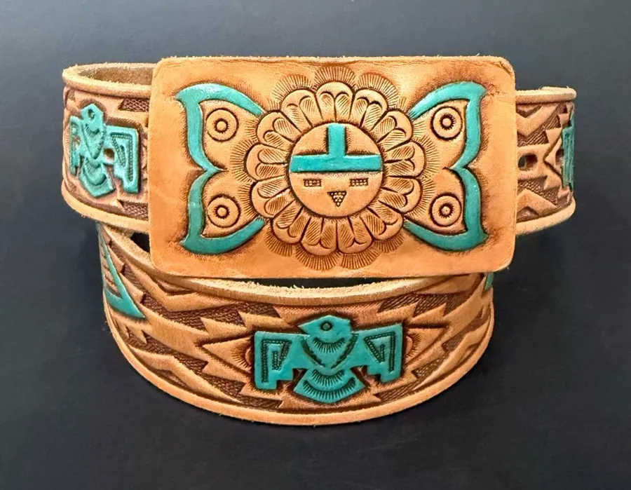 Vintage CHAMBERS Phoenix Brown/ Teal Tooled Leather Southwestern Buckle Belt 30 Tan