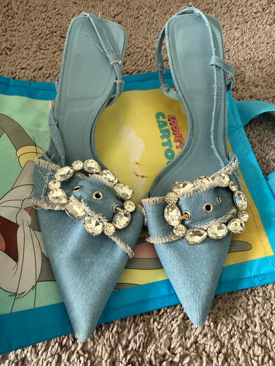 Blue Pointed Toe Rhinestone Buckle Heels Size 9.5