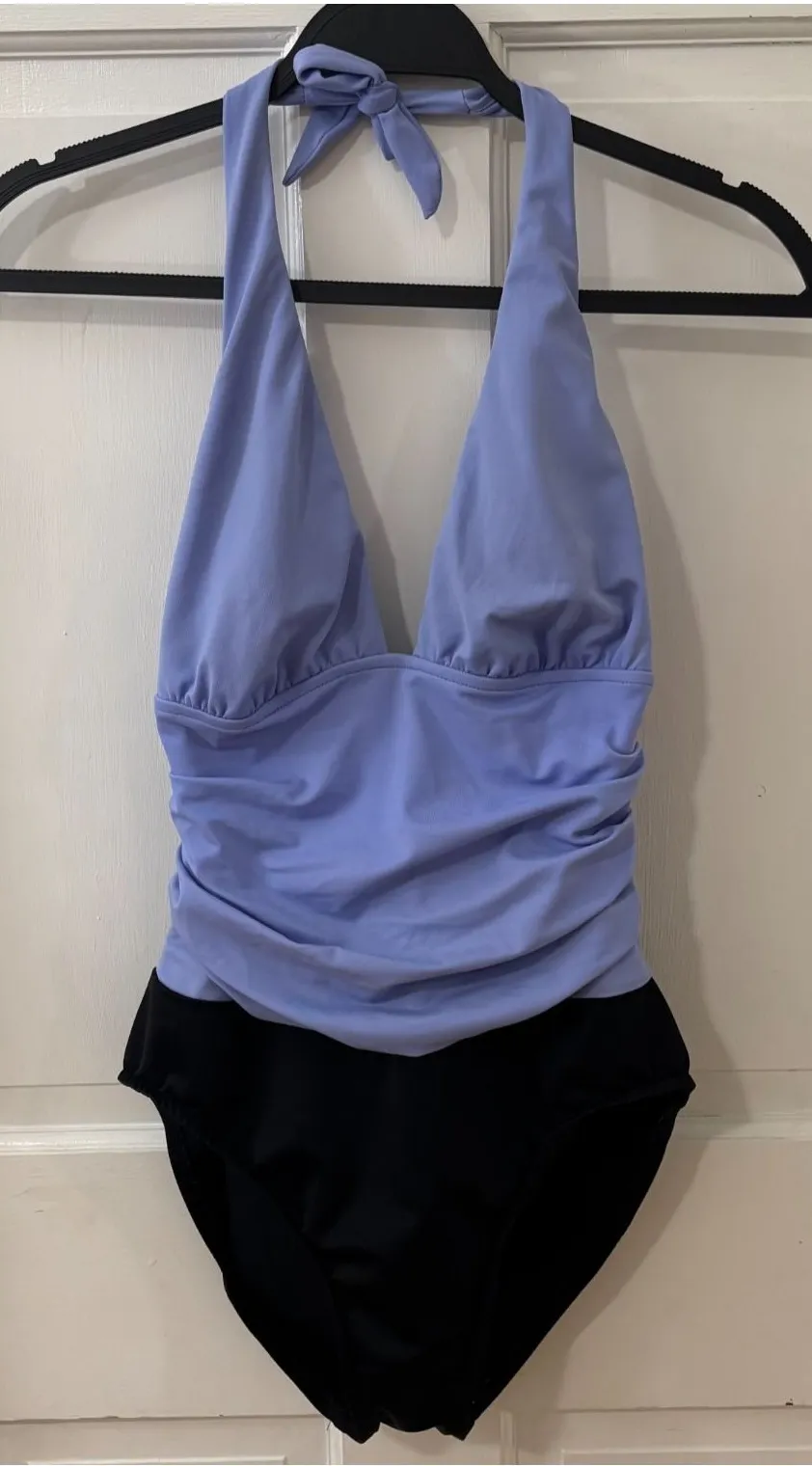 Miraclesuit Colorblock Unpadded Halter Plunge Ruched One Piece Swimsuit Sz 12