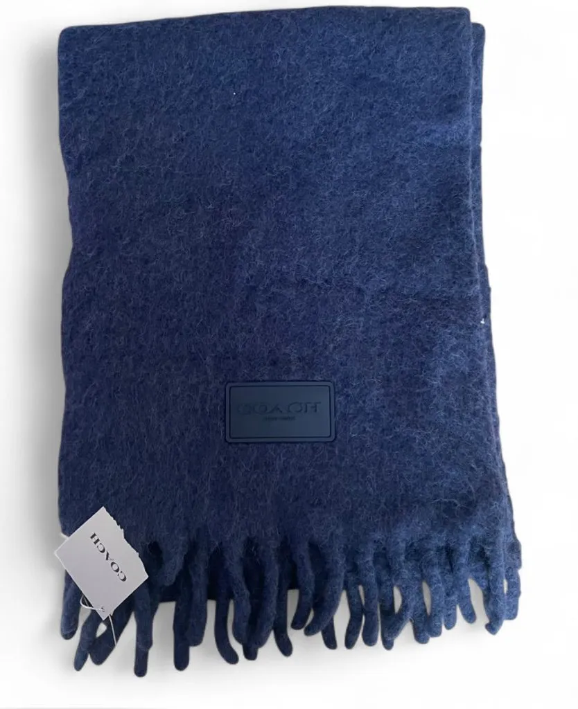 Coach Muffler Navy Deep Blue Rubber Patch Alpaca Textured Fringe Scarf NEW