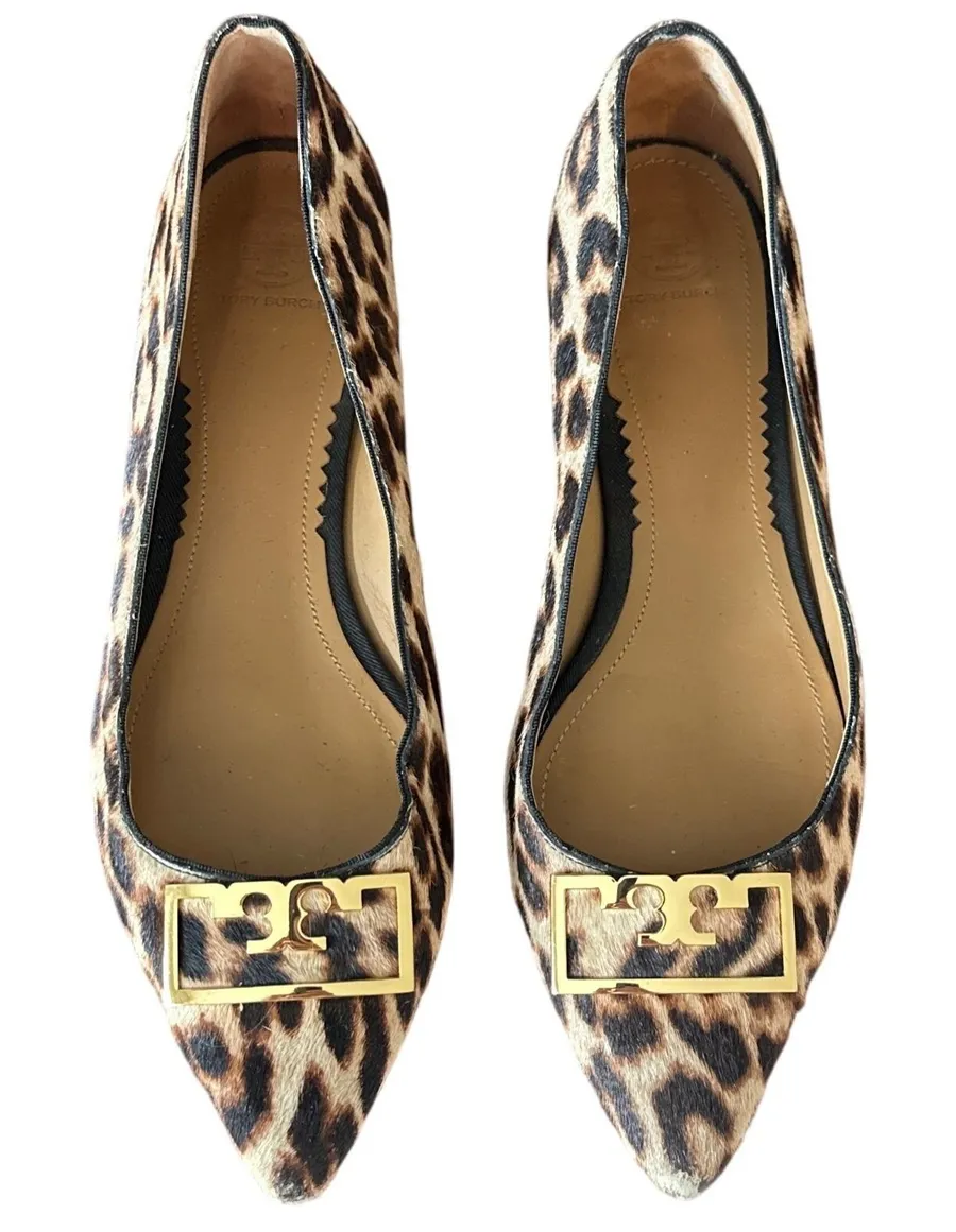 Tory Burch Gigi Leopard Haircalf Pointed Toe Flats Gold Logo Size 10