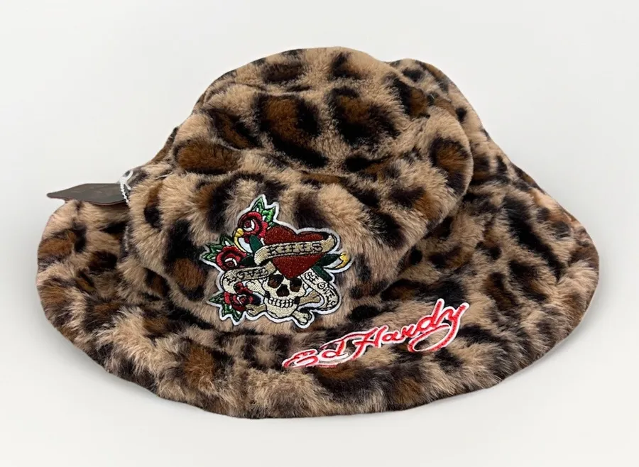 Ed Hardy NWT Leopard Bucket Hat Faux Fur Sherpa Skull Heart Embroidered Y2K OS