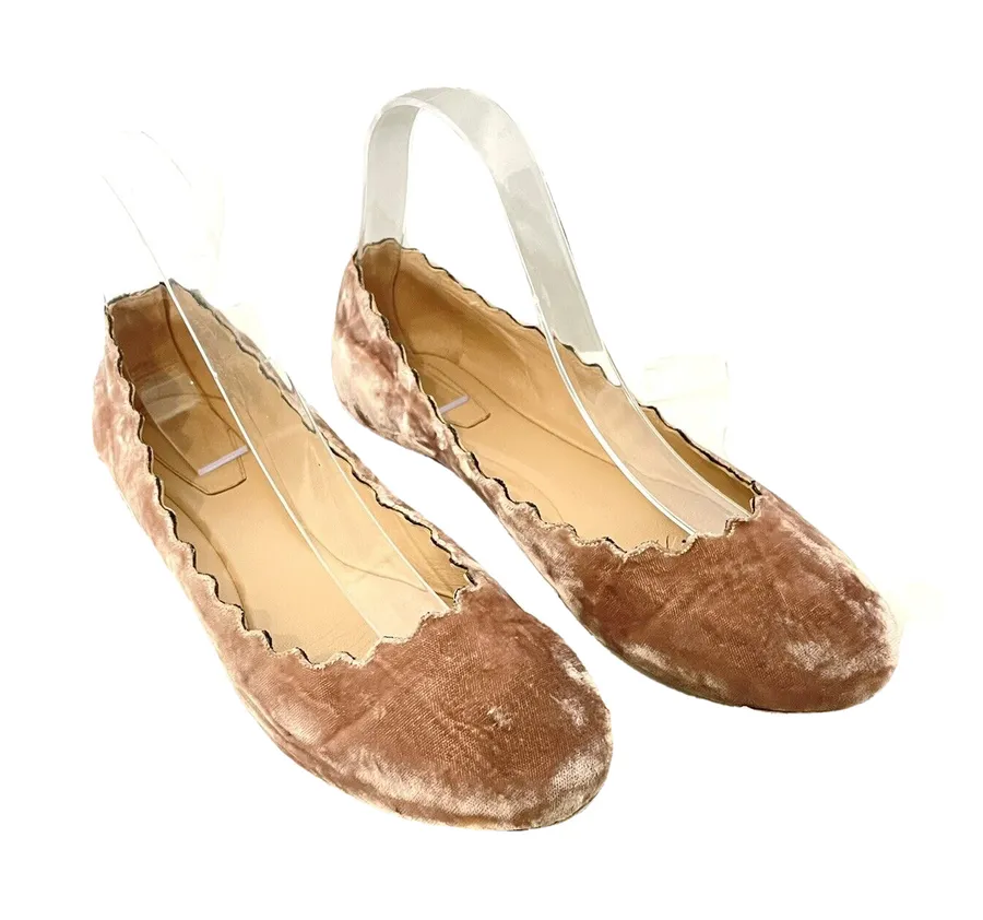 Chloe Lauren Ballet Flats Scalloped Crushed Velvet Leather Tan Rose Size 37