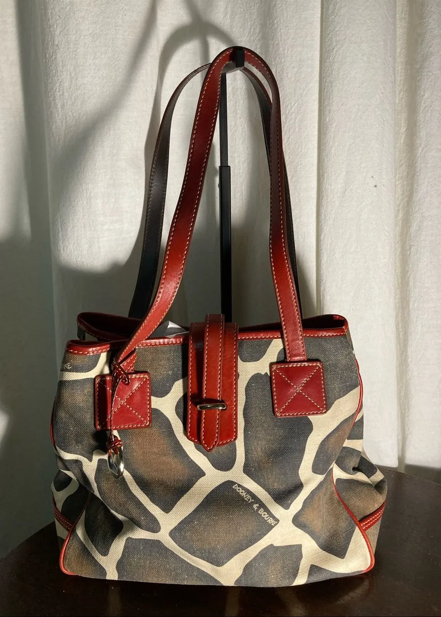 VNTG Dooney & Bourke giraffe Print Tote Bag with Red Leather Trim