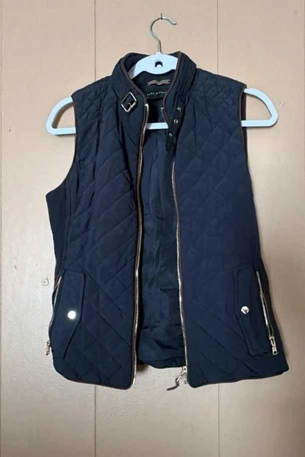 Zara Woman Navy Blue Quilted Vest Gold Hardware Faux Leather Trim Size S