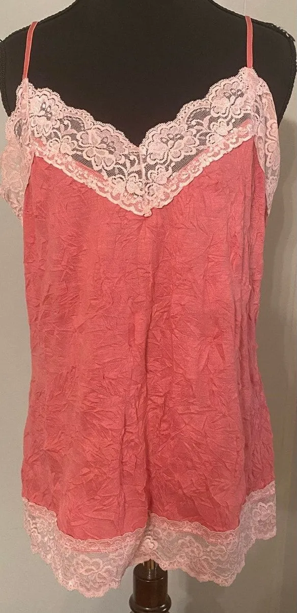 Xhilaration Pink Lace Trim Crinkle Slip Cami Y2K Lingerie Top XL Balletcore