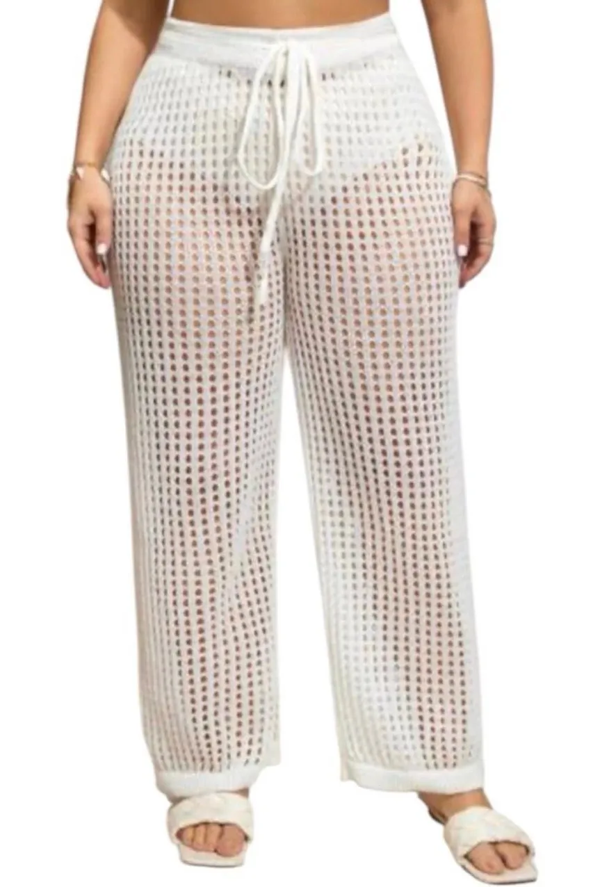 Shein White Crochet Open Weave Cover Up Pants Swim Beach M Hollow Out Pull On