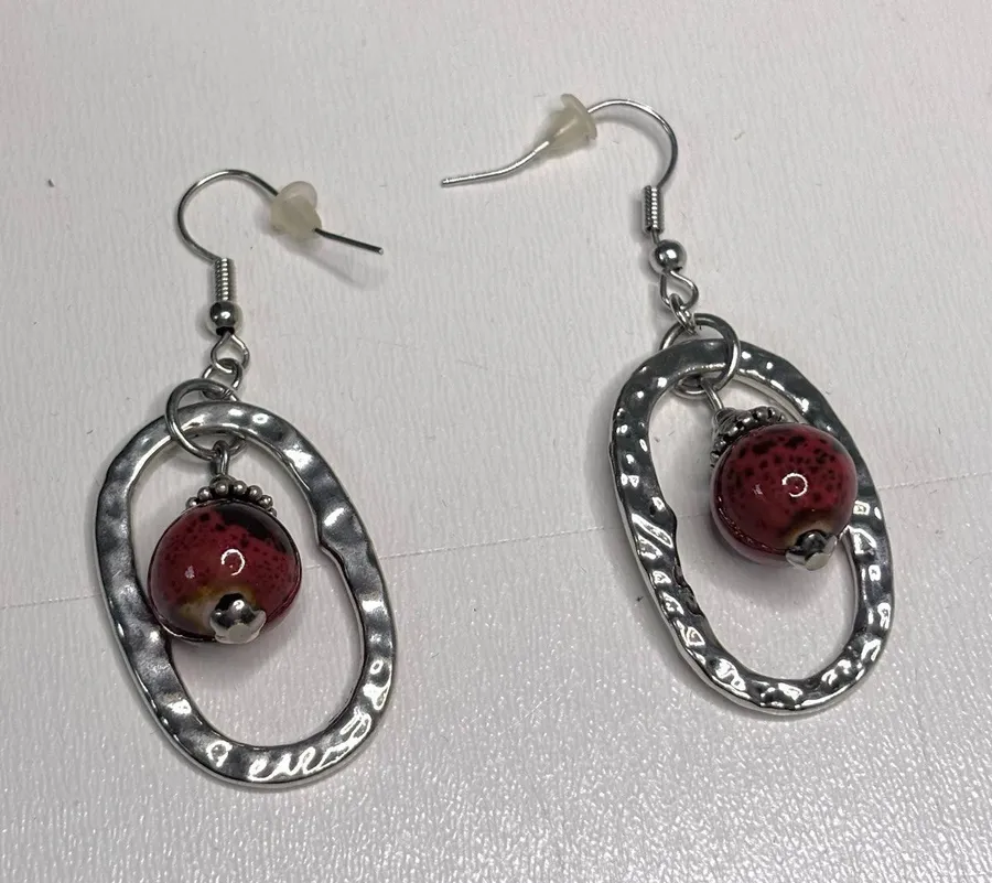 Premier Designs Silver Oval Dangle Earrings Red Stone Bead