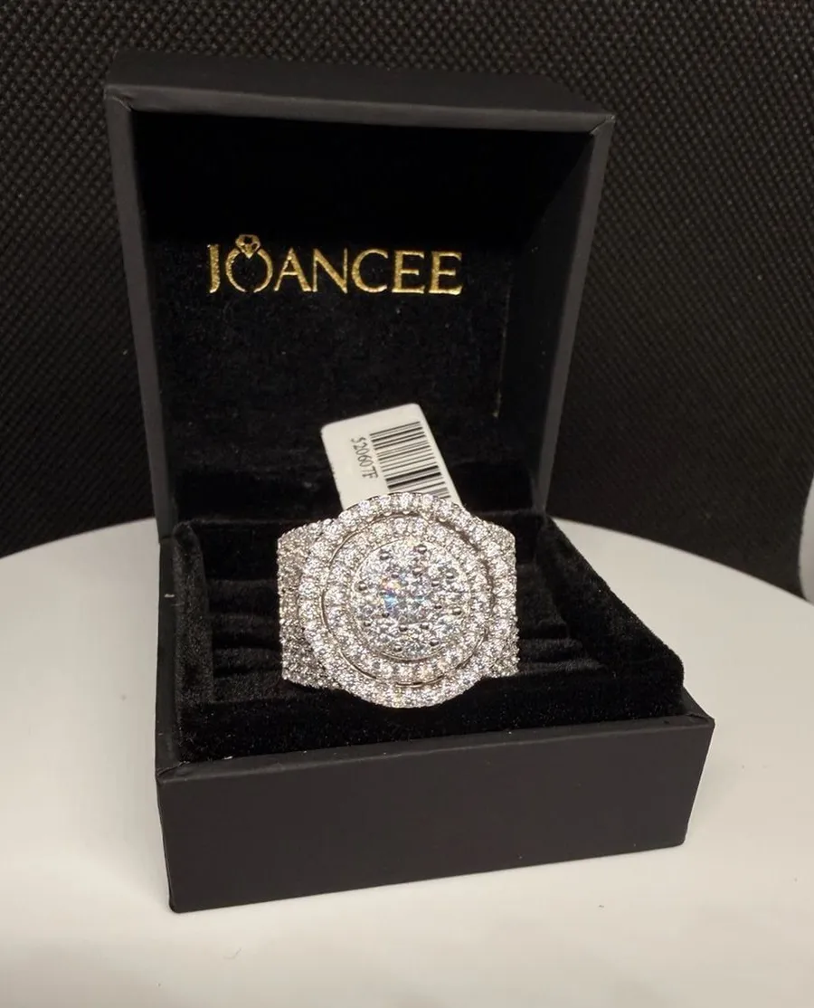JOANCEE S925 Sterling Silver Micro Pave Cubic Zirconia Cluster Halo Statement Ri