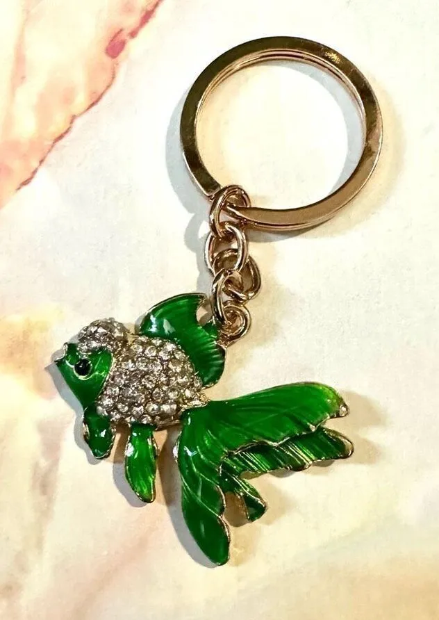 Green rhinestone fish keychain Gold