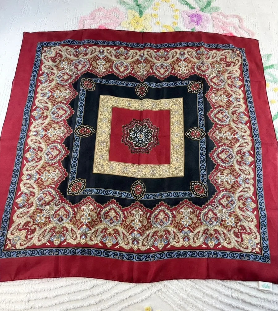 Vintage Made in Italy Paisley Medallion Square Scarf Burgundy Red Black Gold 31"