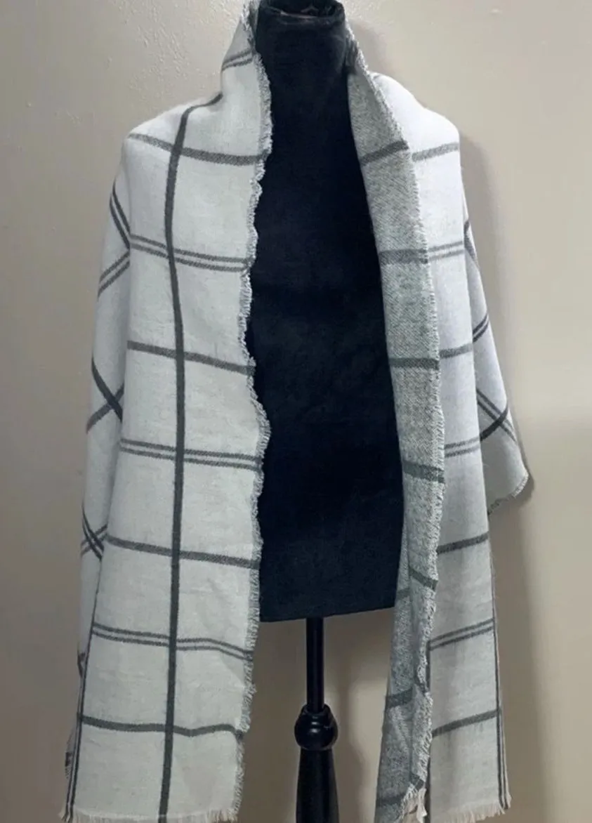 Loft Plaid Blanket Scarf Women OS White Fringed Soft Wrap Travel Quiet Luxury