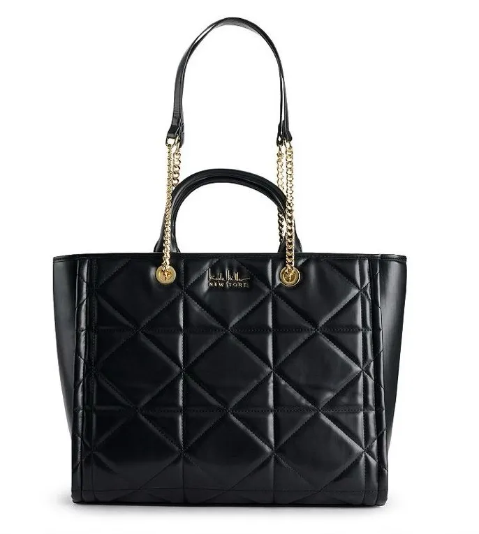 Nicole Miller Quilted Black Tote Shoulder Bag with Gold Chain Handles- Nwot