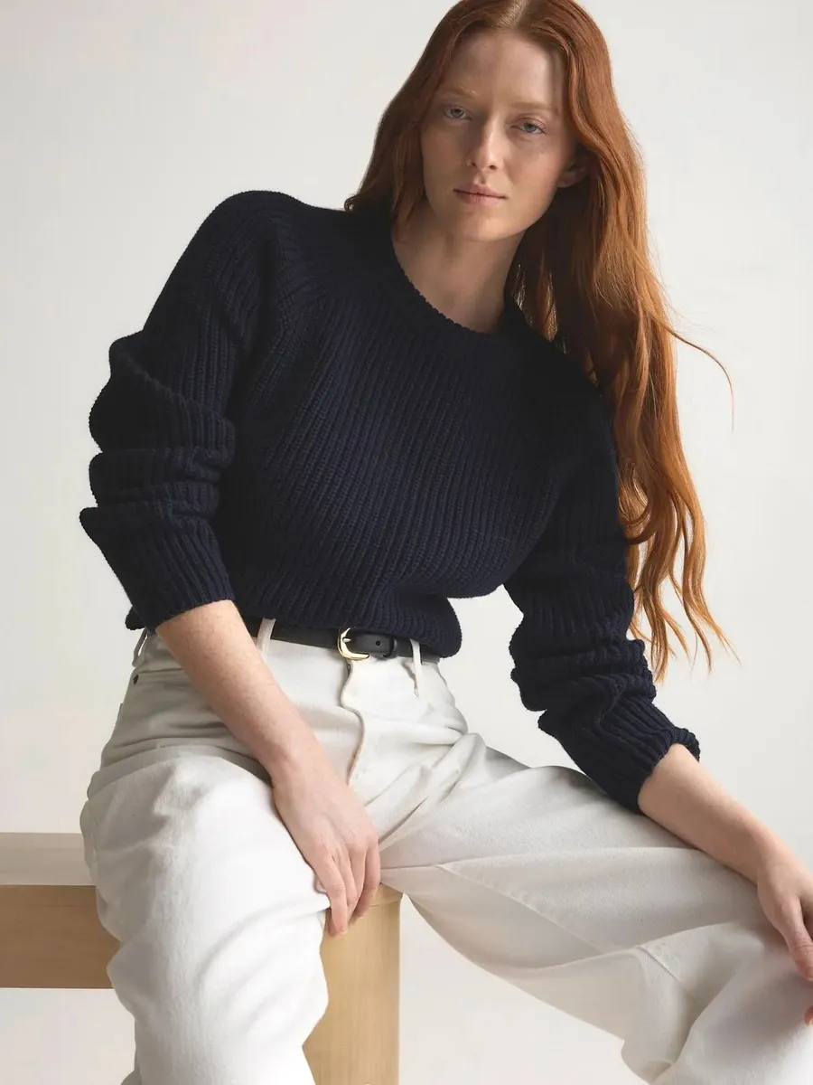 Quince Navy Blue Organic Cotton Fisherman Crewneck Sweater Medium Raglan Knit