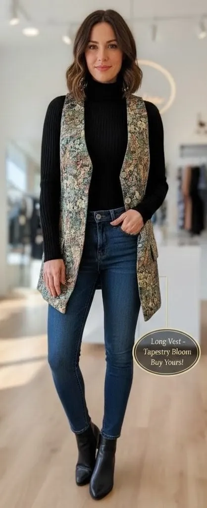Karen Kane Vintage Tapestry Long Vest Castle Horse Scenic Print Made in USA Sz 8