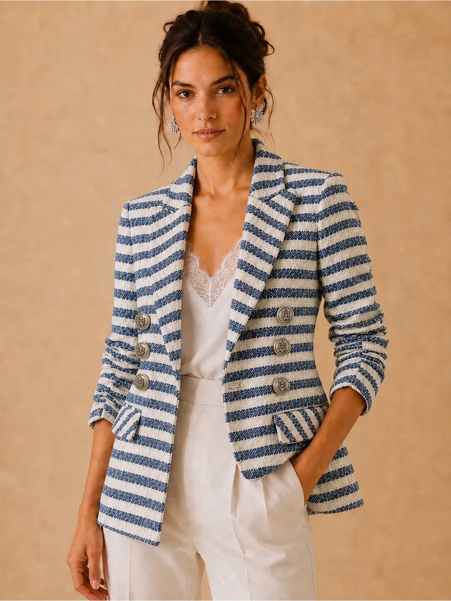 Title: Veronica Beard Blue/White/Silver Metallic Striped Ruched Sleeve Blazer