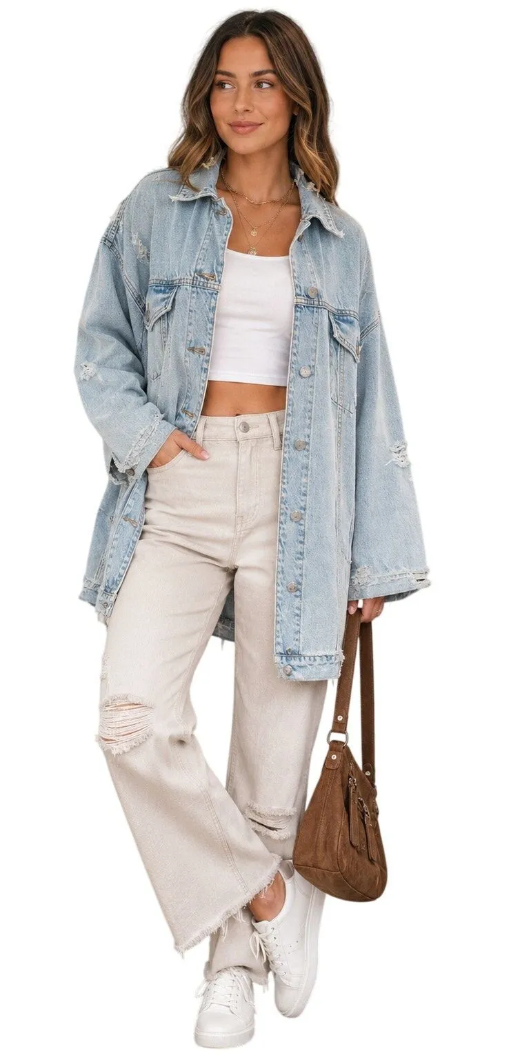 American Eagle Women’s XL Distressed Oversized Denim Trucker Jacket
