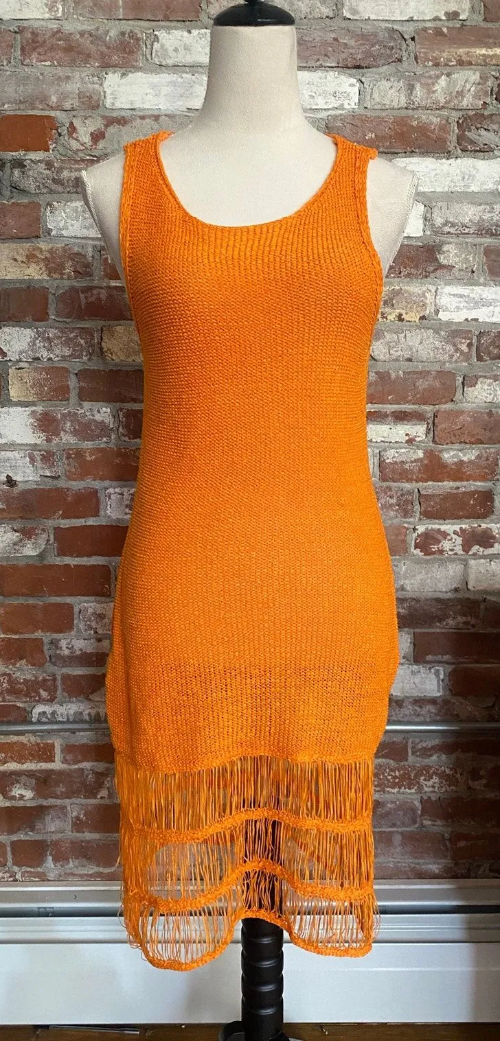 Orange Open Knit Midi Dress Sleeveless Fringe Hem Summer Beach Coverup Size M Size M