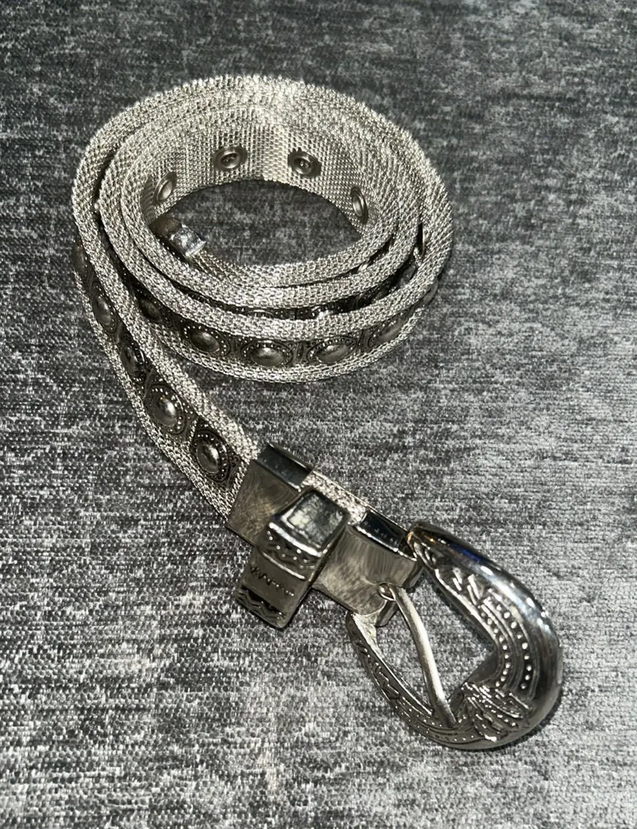 Silver Tone Western Concho Style Metal Mesh Belt Engraved Buckle Boho