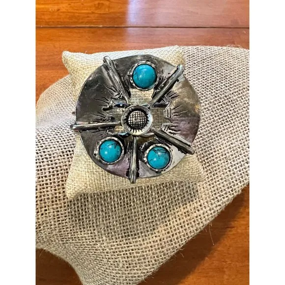 Silver tone faux turquoise large cuff bracelet clamper boho hippie gypsy
