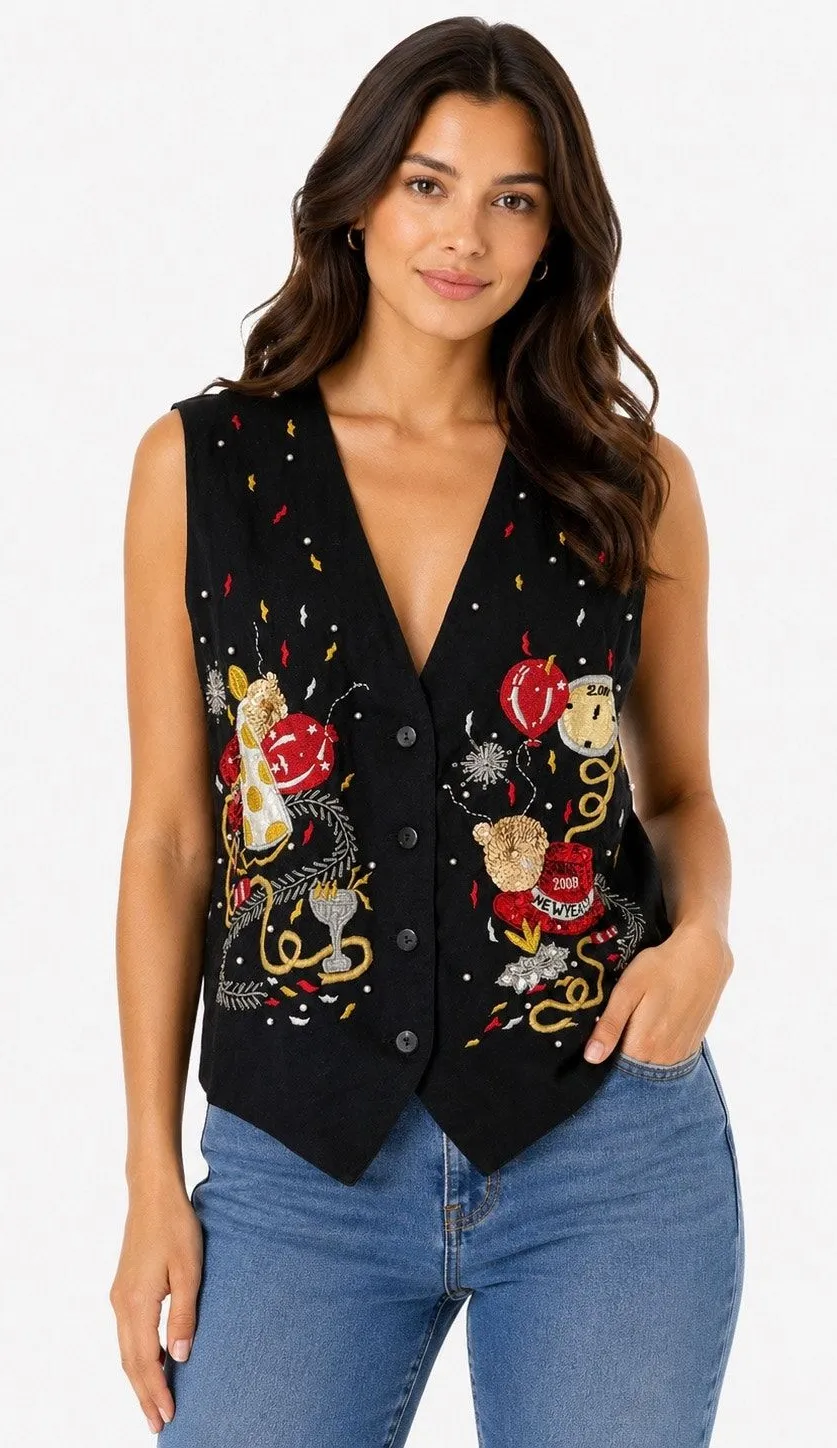 Vintage ‘90s Karen Scott Y2K Millennium Beaded Sequined Embroidered V-Neck Vest