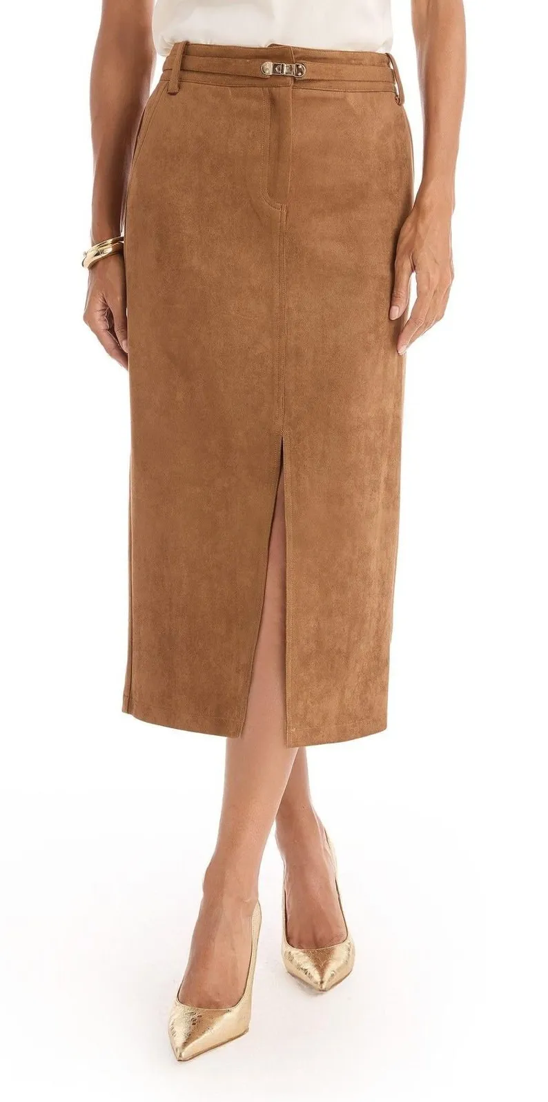 The Noli Front Slit Midi Skirt Faux Suede Pencil Brown Size XS