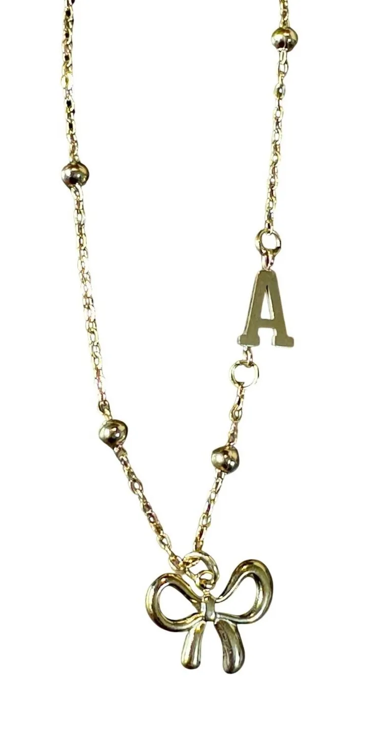 Gold Tone Bow Initial A Necklace Beaded Chain Adjustable Clasp Feminine New