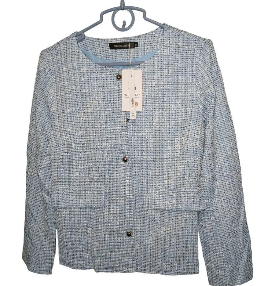 MEROKEETY Women's Textured Blazer Jacket Light Blue Button Front Size M