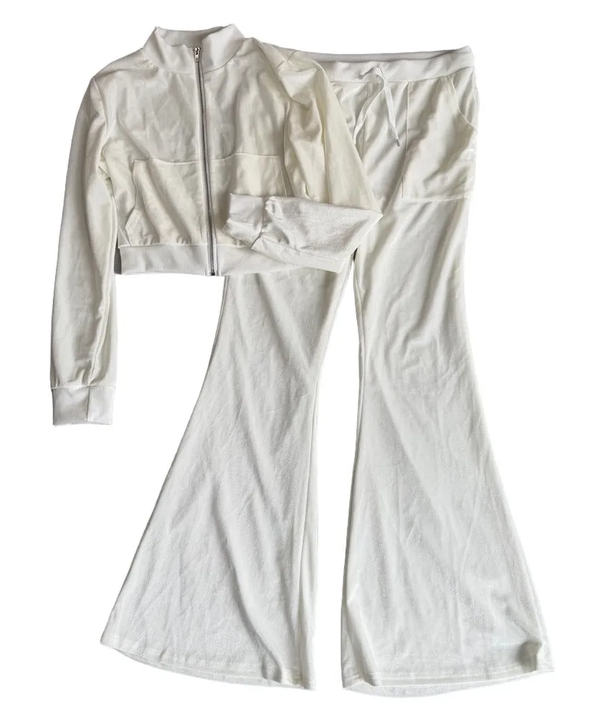 Women's Two Piece Casual Jogger Set with Cropped Full Zip Jacket Size L #260620 White Size L