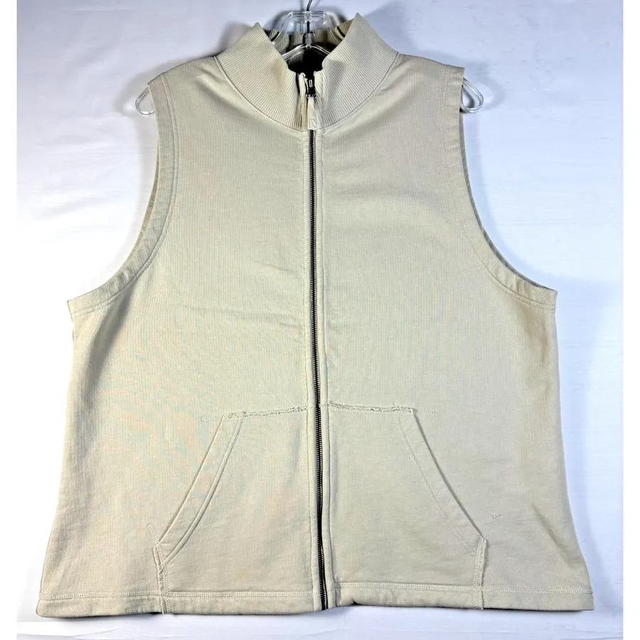 Eileen Fisher Woman Beige Ribbed Knit Full Zip Vest Mock Neck French Terry 1X