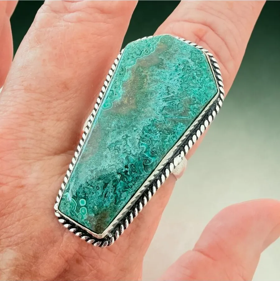 Mexican Laguna Lace 925 Silver Plated Coffin Ring Size 11 Blue