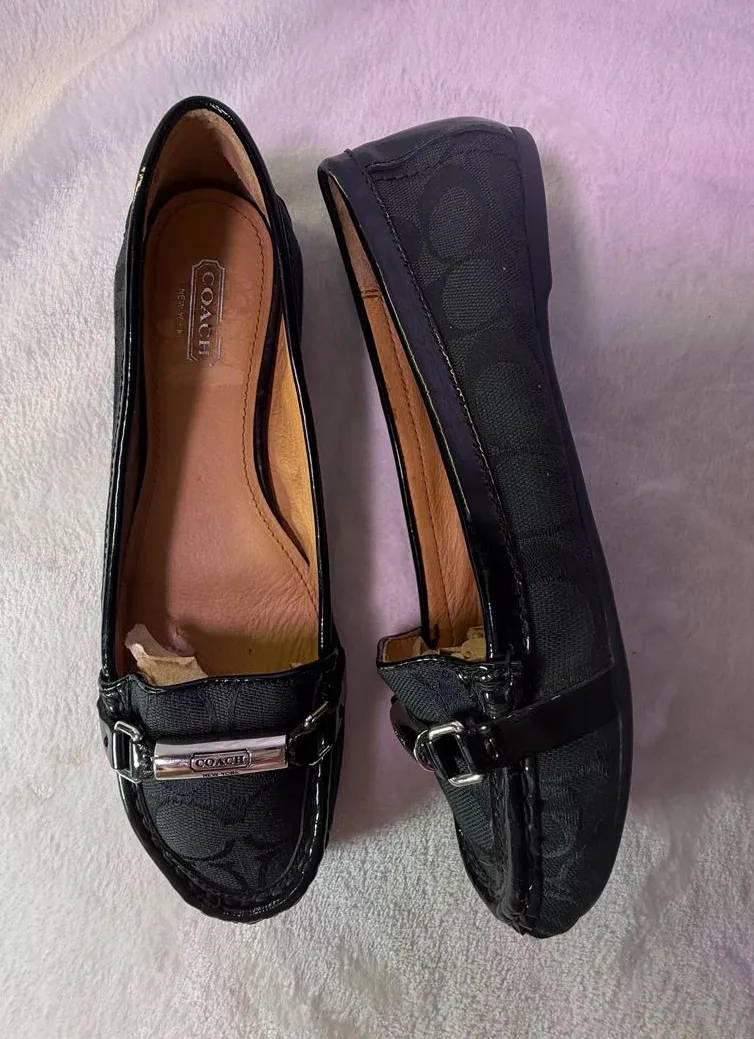 Coach Black Signature Canvas Slip-On Loafers with Metal Trim