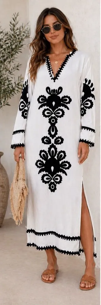 Zara Embroidered Boho Tunic Dress White Black Oversized XS Fits S M
