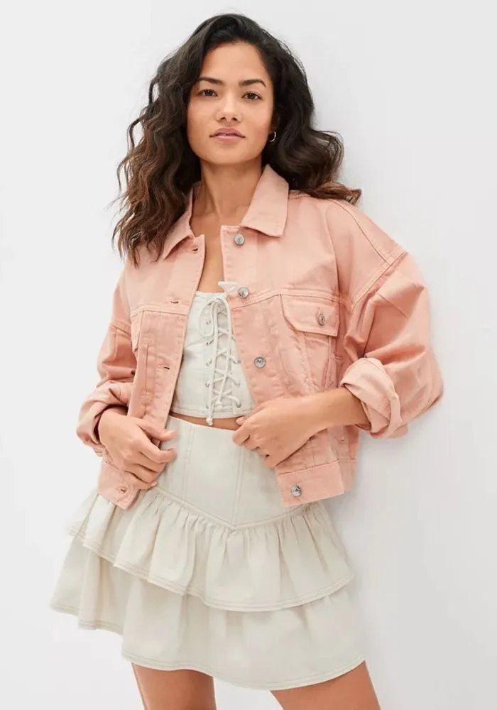 American Eagle AEO Cropped Denim Jacket in Peach Size XXL