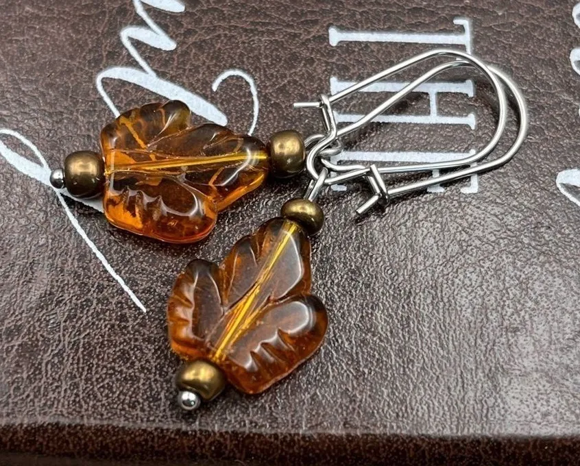 Handmade Amber Glass Leaf Earrings Boho Cottagecore Fall Brown