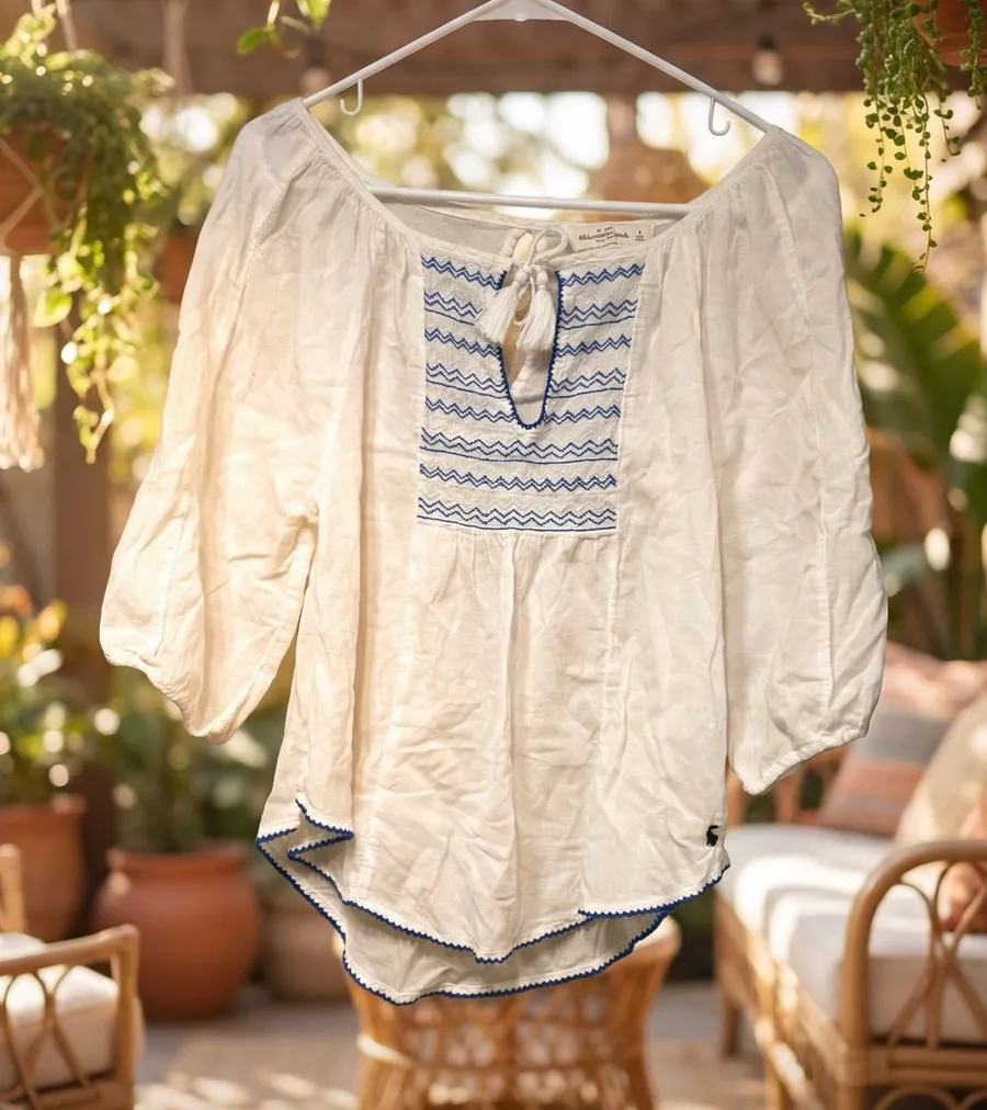 Abercrombie & Fitch White Peasant Top with Blue Embroidery