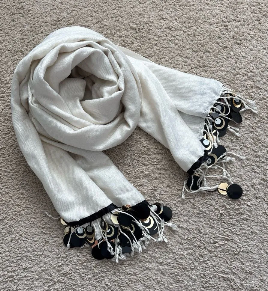 Cream Wrap Scarf with Black and Gold Sequin Fringe