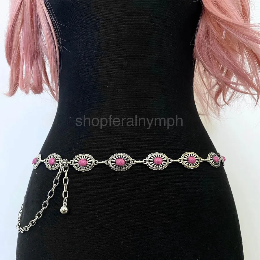Silver Y2K Pink Stone Concho Waist Chain Belt, Fits 24.5