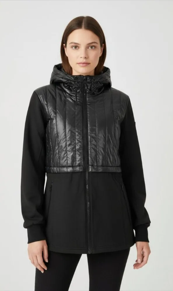 Guess Black Puffer and Softshell Hooded Parka Jacket Women's Size XL