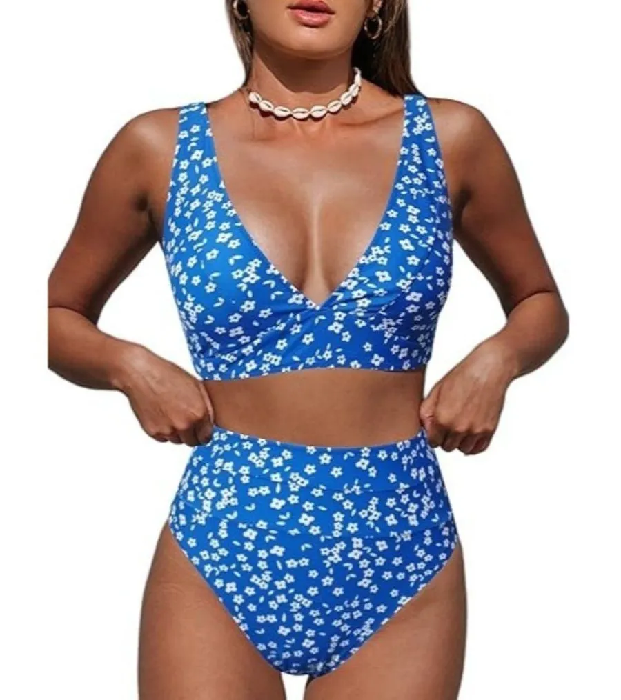 Hilinker Women's LARGE Leopard Bikini Swimsuit High Waisted 2 Piece Blue Floral