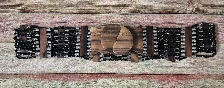 Vintage Wide Black Silver Beaded Stretch Belt Wooden Buckle Boho Chic Artsy 32"